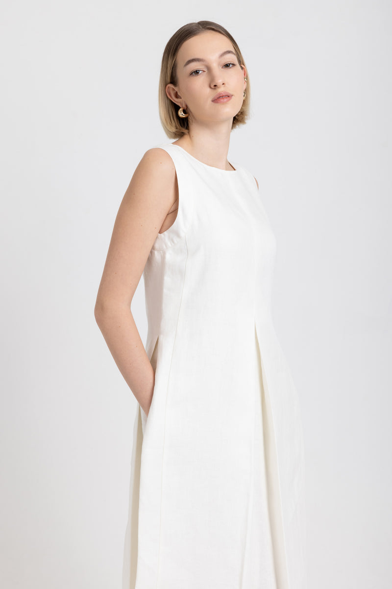 Off white linen herringbone dress with pleats