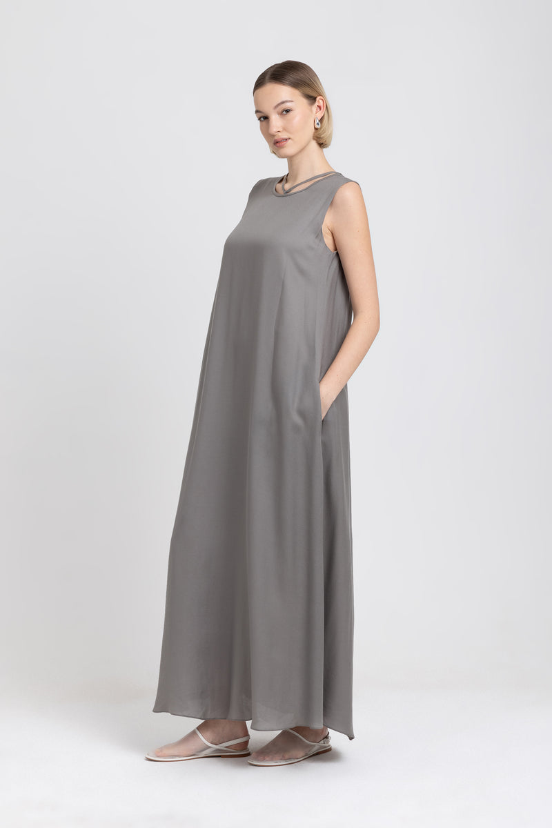 Olive grey light crepe easy slip dress