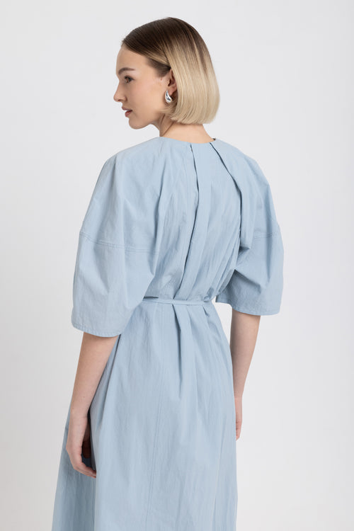 Soft blue crinkle poplin dress with balloon sleeves