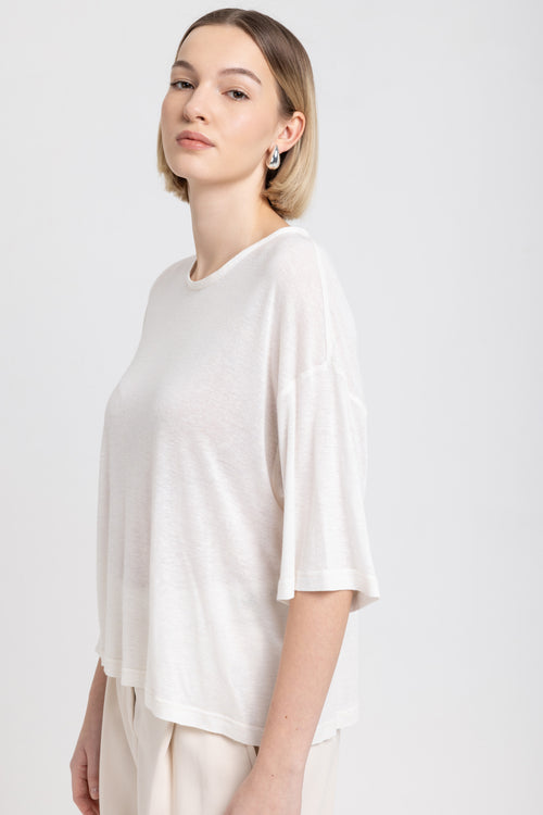 Ivory light viscose linen drop shoulder t-shirt