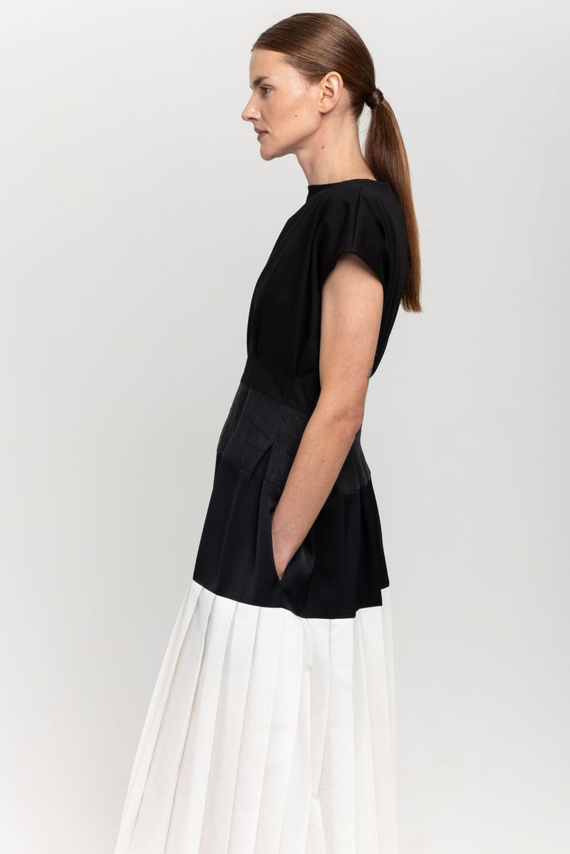Black and white cotton linen viscose maxi pleated dress – NEHERA