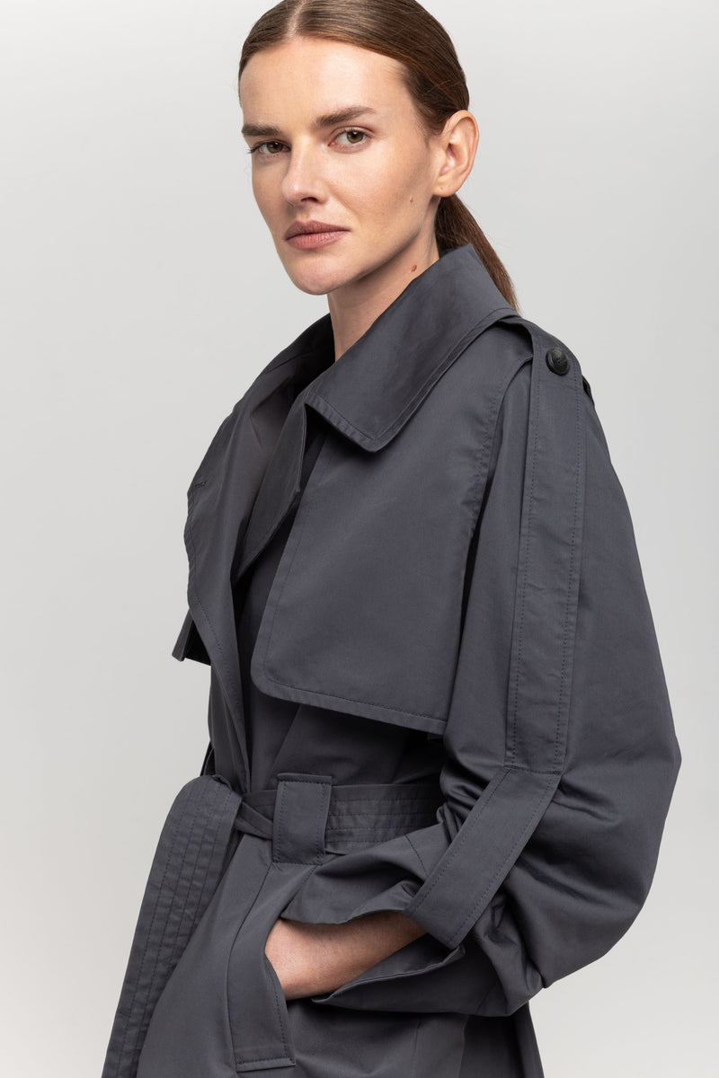 NEHERA ネヘラ ロングトレンチコート Dark grey long trench coat long with belt – NEHERA