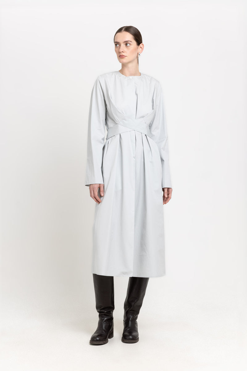 Grey blue washed poplin dress with tie detail
