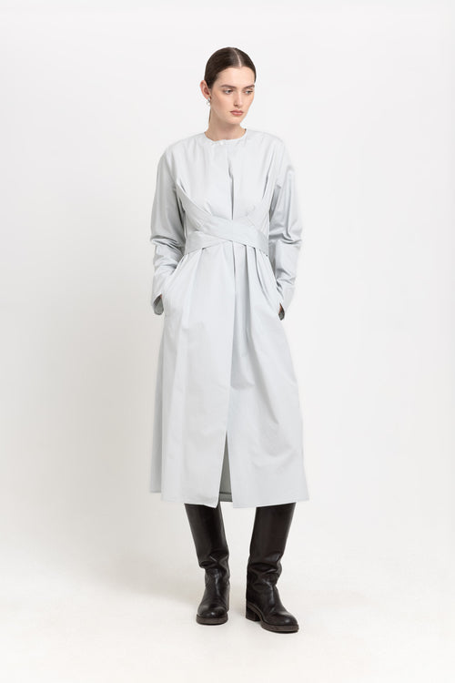 Grey blue washed poplin dress with tie detail