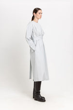 Grey blue washed poplin dress with tie detail