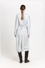 Grey blue washed poplin dress with tie detail