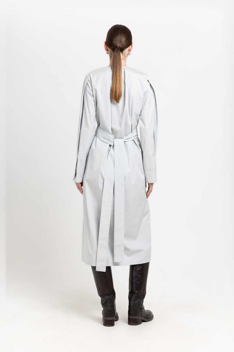Grey blue washed poplin dress with tie detail