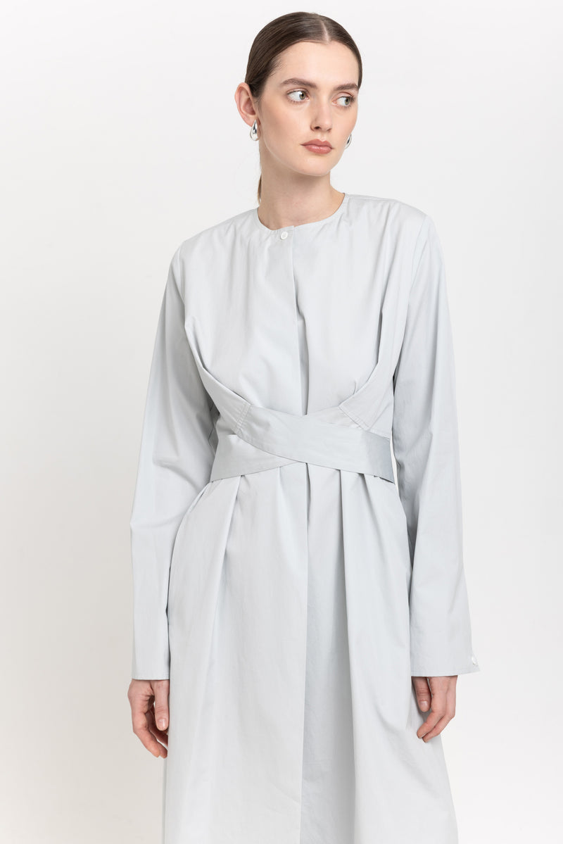 Grey blue washed poplin dress with tie detail