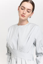 Grey blue washed poplin dress with tie detail