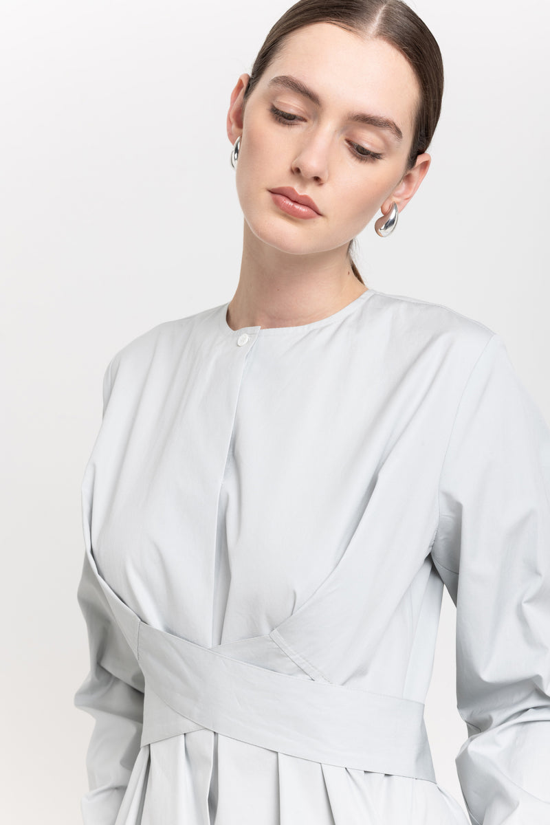 Grey blue washed poplin dress with tie detail