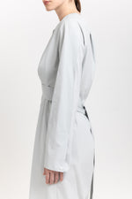 Grey blue washed poplin dress with tie detail