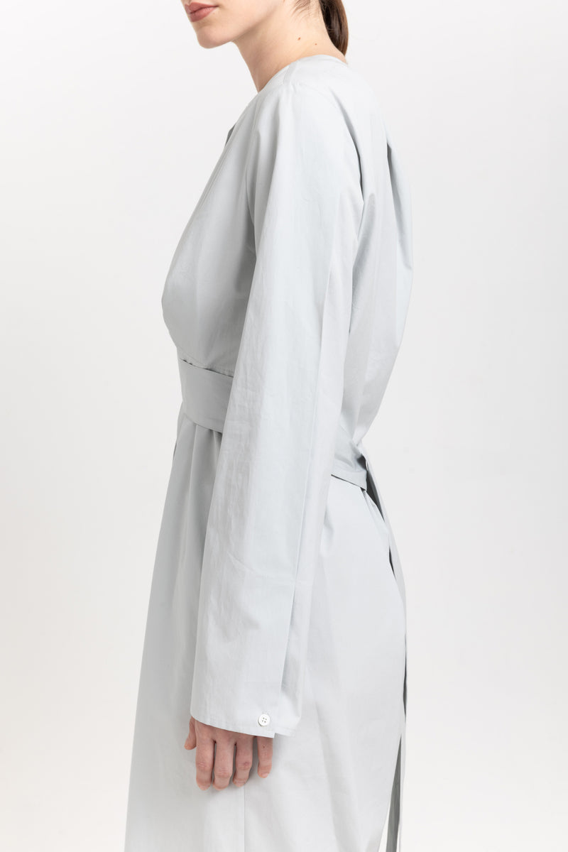 Grey blue washed poplin dress with tie detail