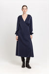 Dark blue cupro twill wrap dress