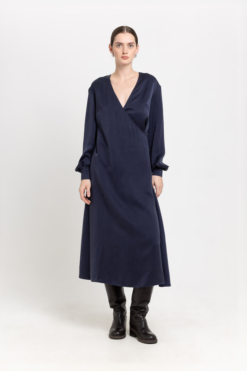 Dark blue cupro twill wrap dress