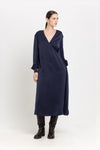 Dark blue cupro twill wrap dress