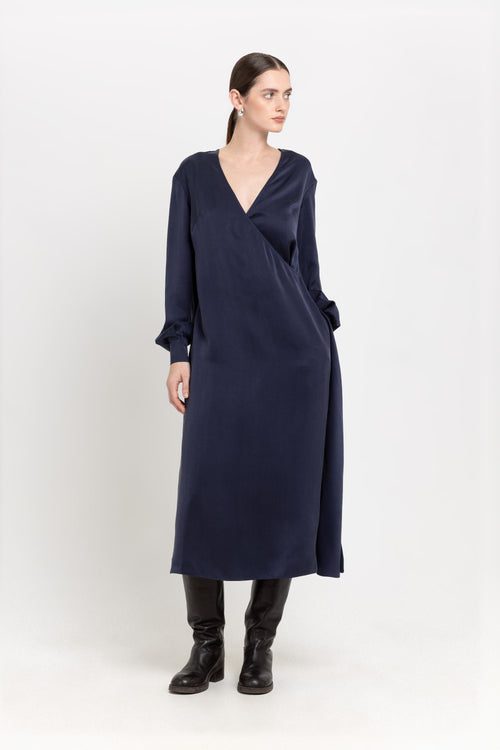Dark blue cupro twill wrap dress