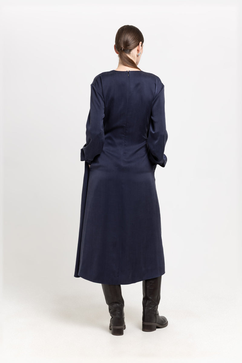 Dark blue cupro twill wrap dress