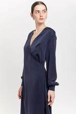 Dark blue cupro twill wrap dress