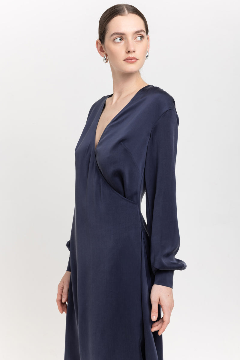 Dark blue cupro twill wrap dress