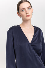 Dark blue cupro twill wrap dress