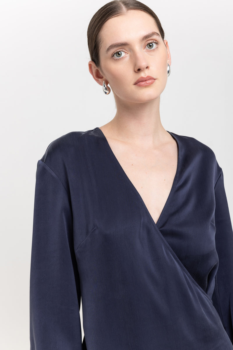 Dark blue cupro twill wrap dress