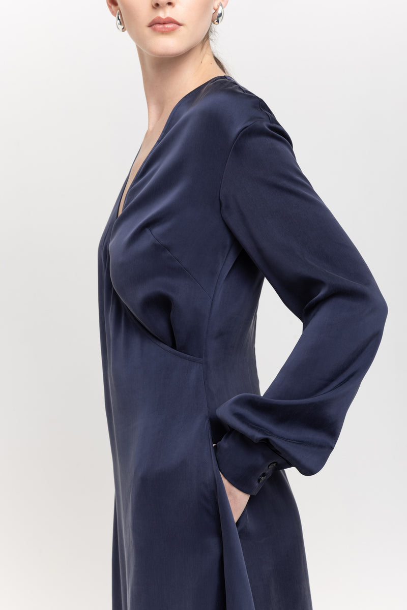 Dark blue cupro twill wrap dress