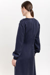 Dark blue cupro twill wrap dress