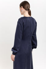 Dark blue cupro twill wrap dress