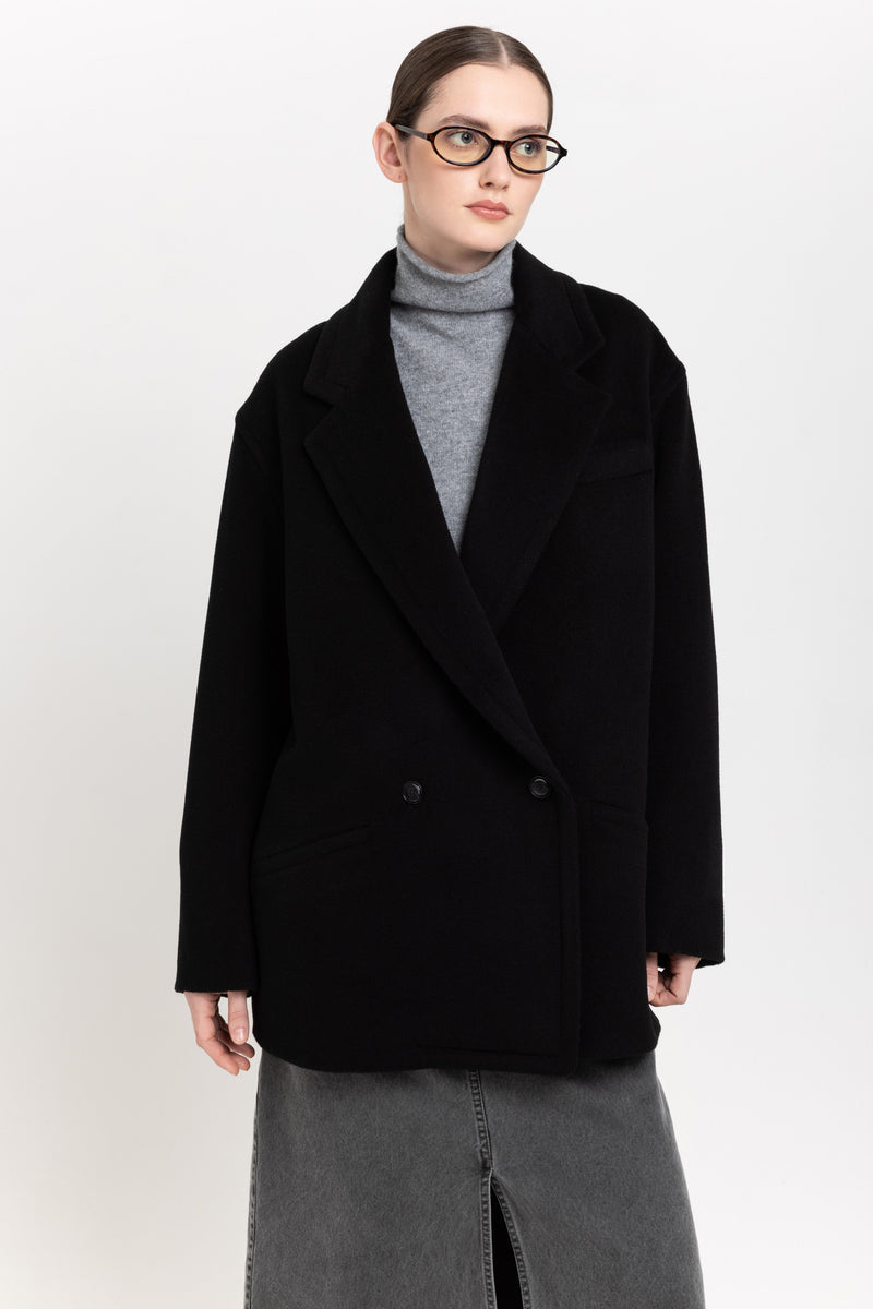 Black plush superfine wool relaxed short coat