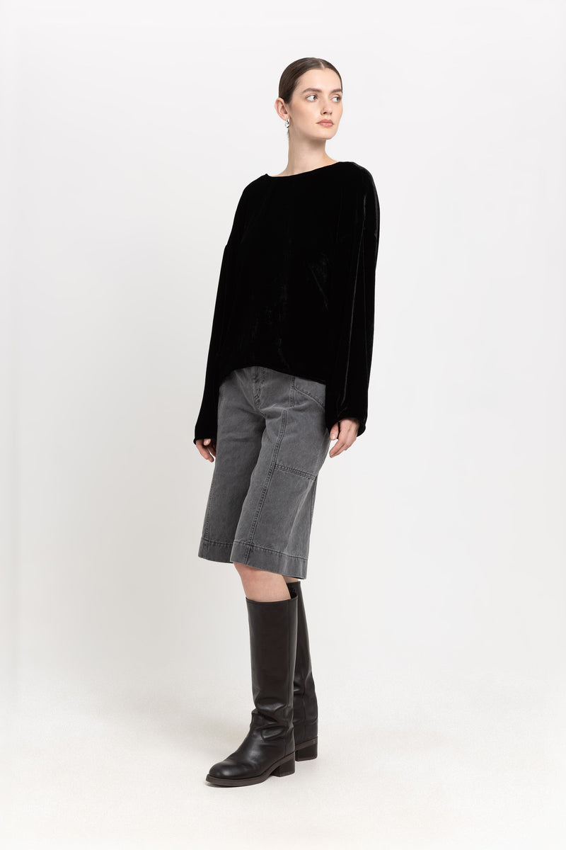 Black silk viscose velvet open back top