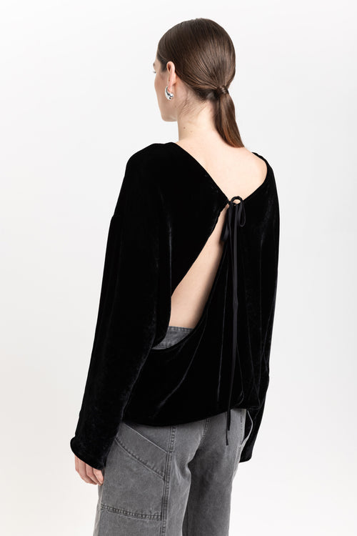 Black silk viscose velvet open back top
