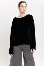 Black silk viscose velvet open back top