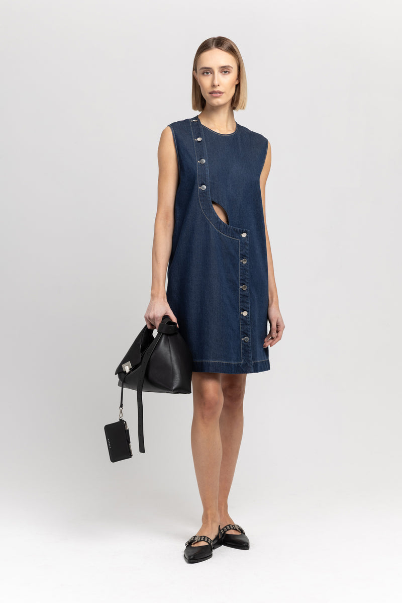 Dark blue lyocell denim twill sleeveless shift dress – NEHERA