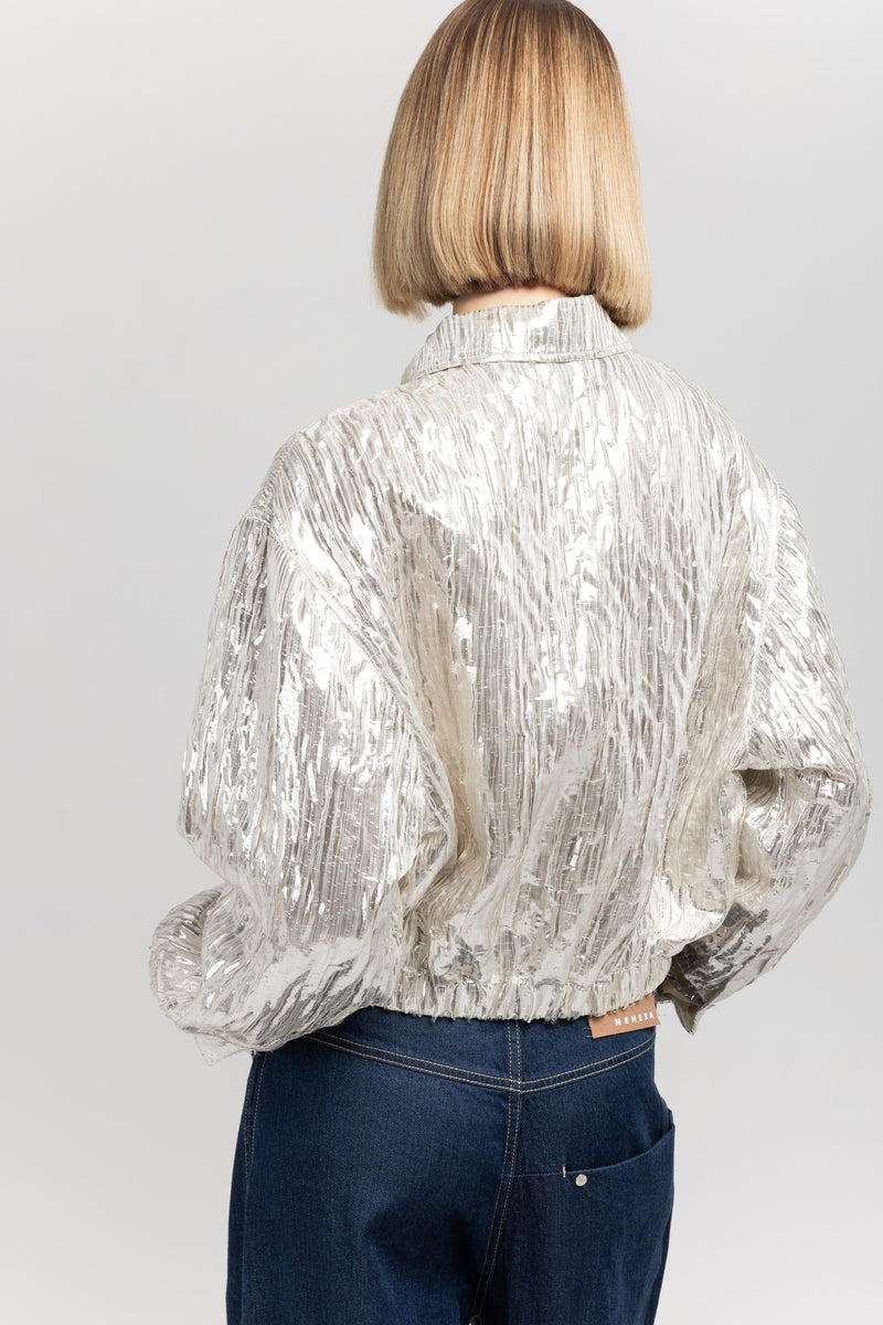 Silver textured silk blend short bomber – NEHERA