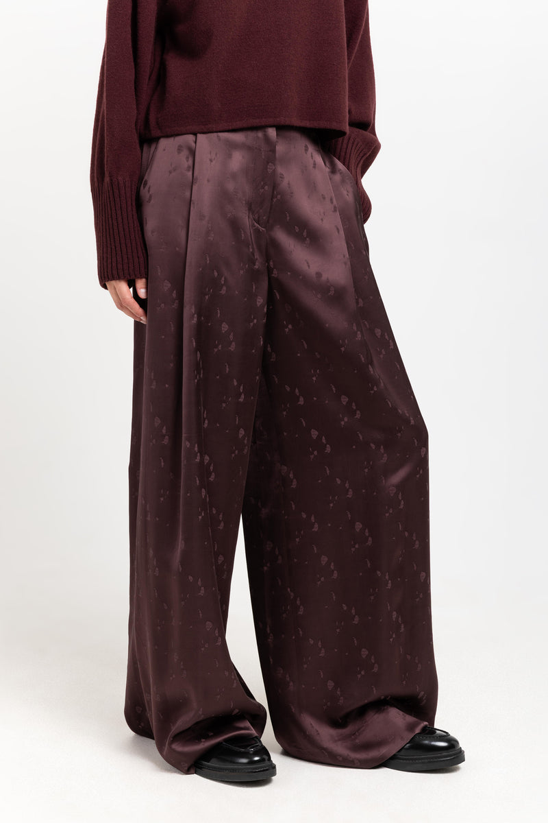 Burgundy viscose jacquard evening high waisted wide pants