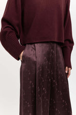 Burgundy viscose jacquard evening high waisted wide pants
