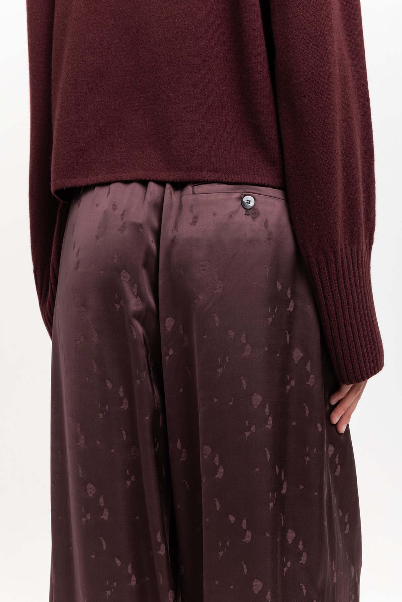 Burgundy viscose jacquard evening high waisted wide pants