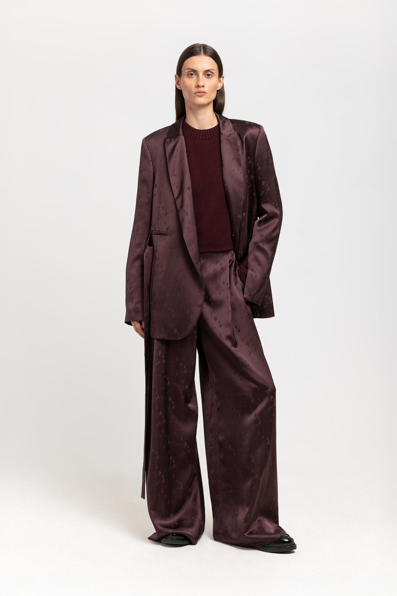 Burgundy viscose jacquard belted evening jacket