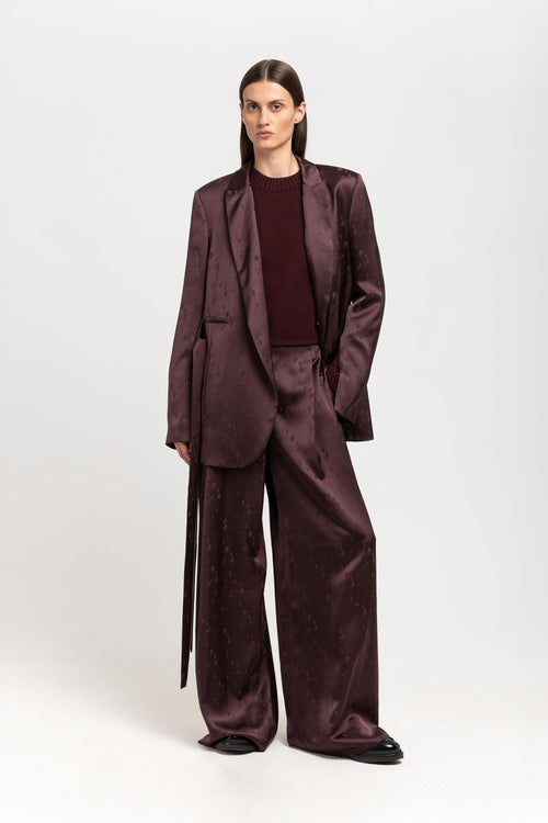 Burgundy viscose jacquard belted evening jacket