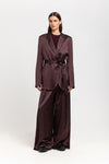 Burgundy viscose jacquard belted evening jacket