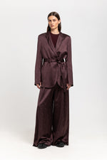 Burgundy viscose jacquard belted evening jacket