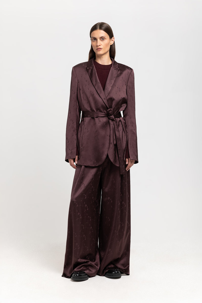 Burgundy viscose jacquard belted evening jacket