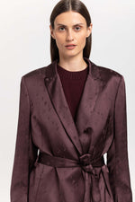 Burgundy viscose jacquard belted evening jacket