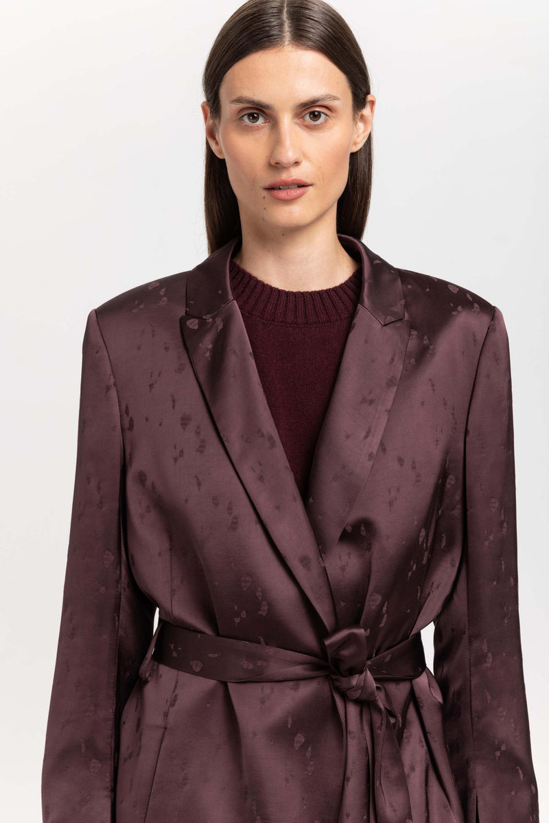 Burgundy viscose jacquard belted evening jacket
