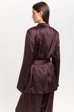 Burgundy viscose jacquard belted evening jacket