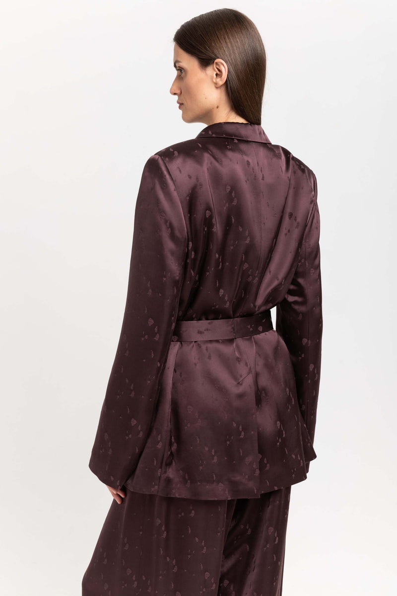 Burgundy viscose jacquard belted evening jacket