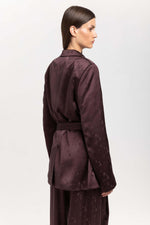 Burgundy viscose jacquard belted evening jacket