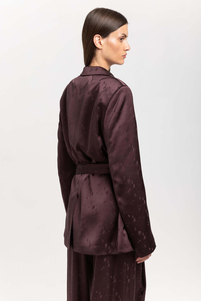 Burgundy viscose jacquard belted evening jacket