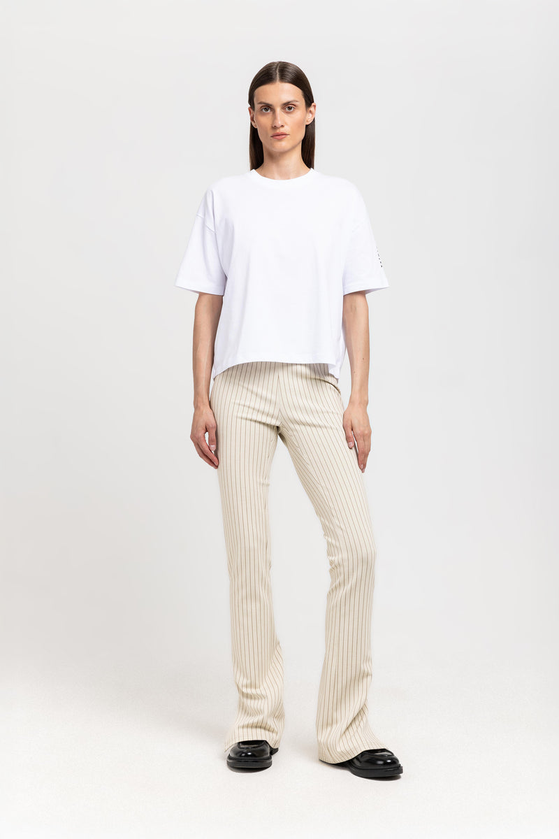 Ivory & grey striped bistretch flared fitted pants