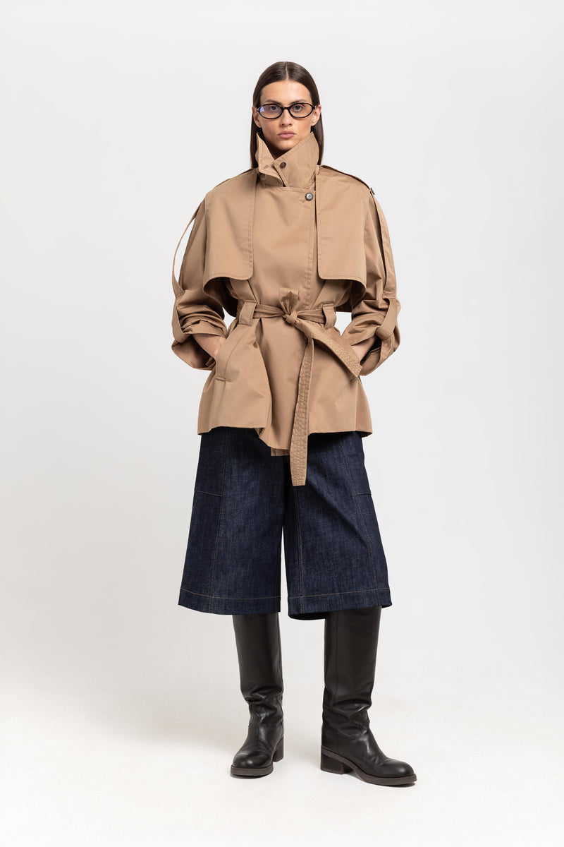 Camel short trench with belt